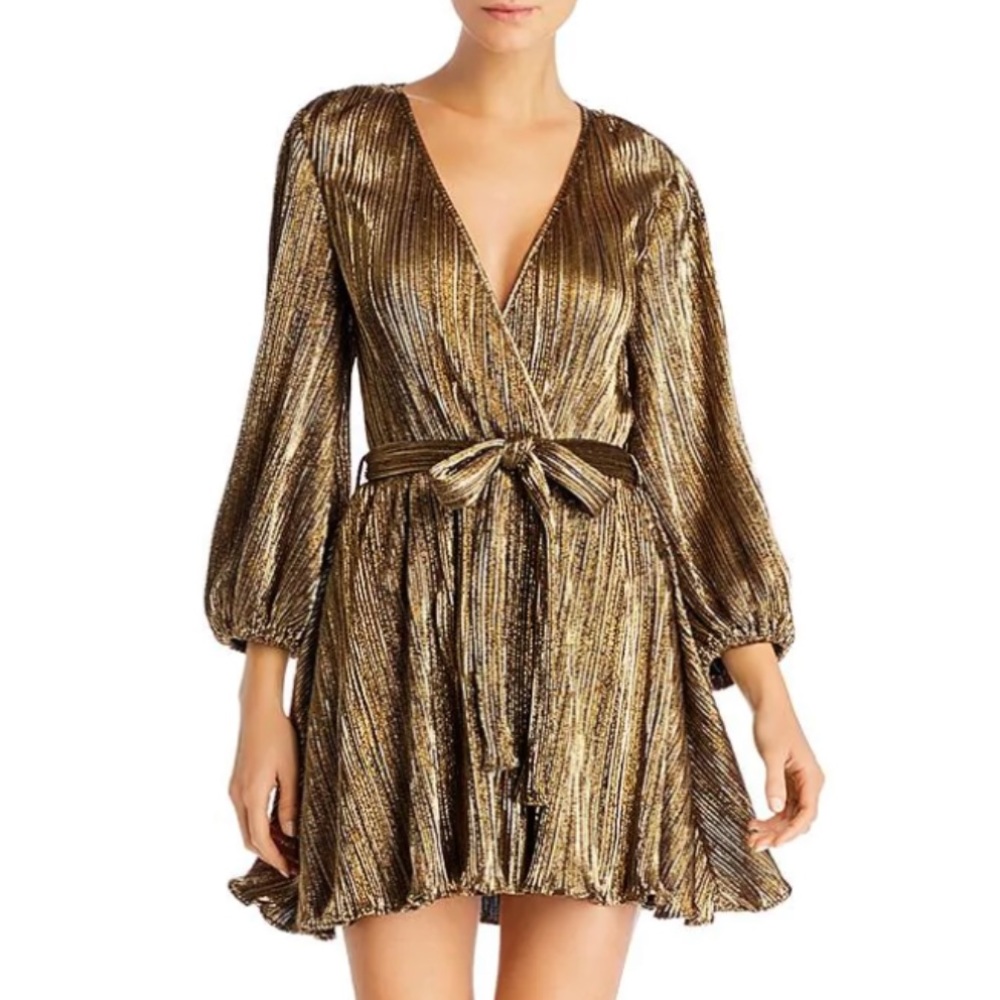 Bardot Bellissa Gold Metallic Plissé Dress - Size 6/Small